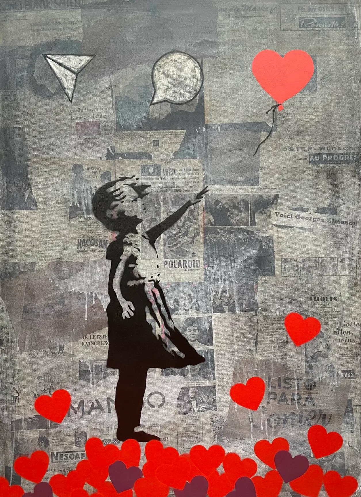 Pintura realizada por Michel Acosta Pérez al más puro estilo Pop. Es una reflexión sobre lo que representan actualmente las redes sociales, a partir de una apropiación de la famosa obra de Banksy. EL EXITO 5 (Banksy update available)