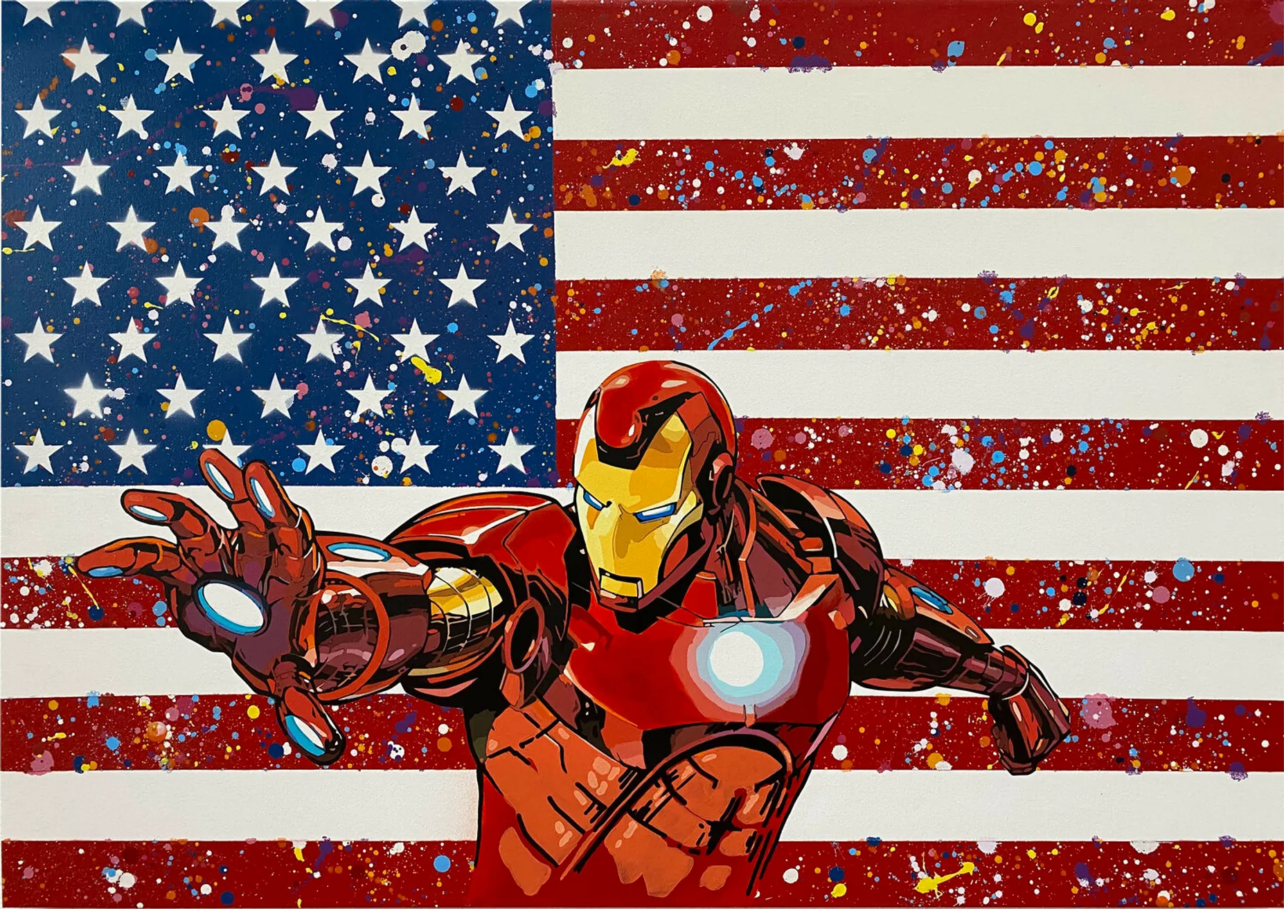 Obra de Michel Acosta, de la serie “This is America” que utiliza la iconografía del comic y de los super héroes. IRON MAN
